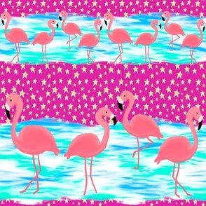 Flamingos and Stars on the Beach, Gold Stars on Orchid Pink