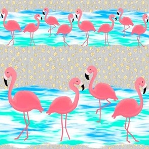 Flamingos and Stars on the Beach, Gold Stars on Grey