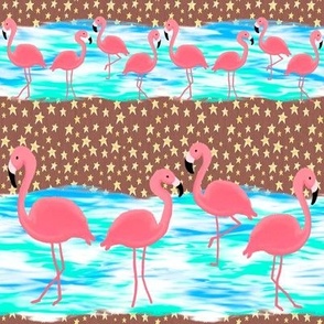 Flamingos and Stars on the Beach, Gold Stars on Mauve Pink