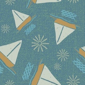 Textured, Scattered Sailboats, Waves and Starbursts in denim blue, bright blue, orange and cream