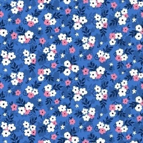 blue Ditsy white pink Flowers small scale