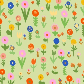 Large - Happy floral - light green - Cool Matcha - cheerful multicolored vibrant flowers - modern maximalist - cute kids flower fabric - painterly spring wildflowers meadow flower