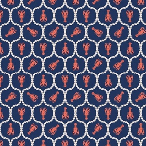 (M) Lobster and Nets Coral Orange and White Coffee on Classic Navy Size M