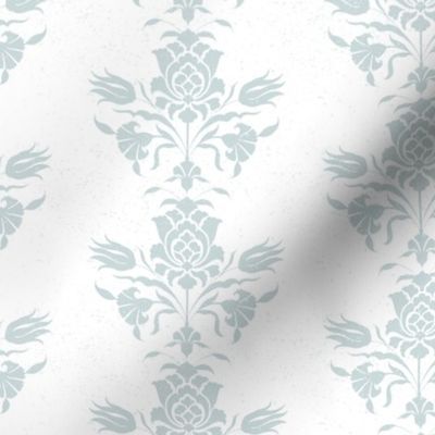 Medium Scale Monochrome Classic Traditional Stylised Floral Damask in White and Duck Egg Blue