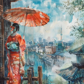 Japanese woman with umbrella in pink-red kimono looks at the city under the soft rain, above the pagodas.