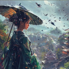 (small) Young Japanese woman with umbrella in kimono looks at the city under the soft rain, the sky paints birds above the pagodas.