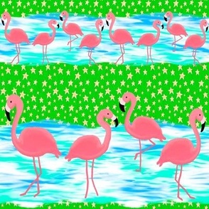 Flamingos and Stars on the Beach, Gold Stars on Green
