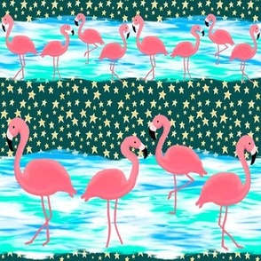 Flamingos and Stars on the Beach, Gold Stars on Dark Green