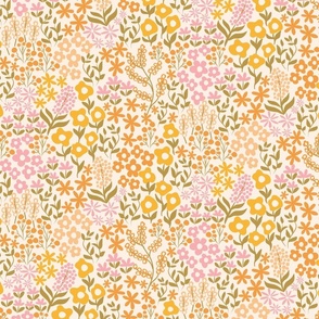 Ditsy warm flowers - cream, orange and pink. Blooming Autumn. SMALL
