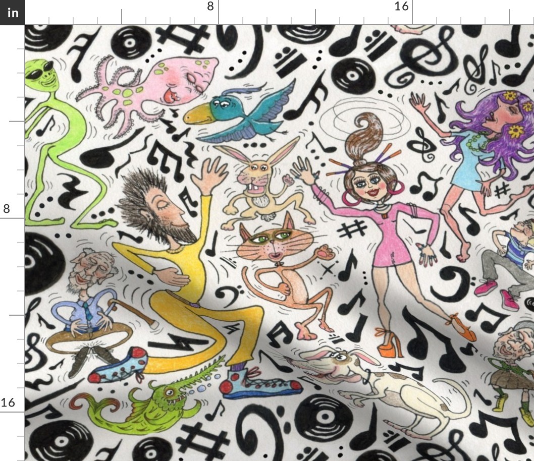 Everybody Get Up And Dance, Jumbo Large Scale, red orange yellow green blue indigo violet pink black and white colorful quirky funny cute whimsical aliens