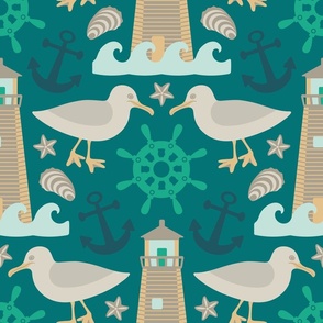NAUTICAL-NESS Summer Coastal Ocean Sea with Lighthouse Seagull Marine Shells in Coast Kelly Green Teal Yellow Neutrals - LARGE Scale - UnBlink Studio by Jackie Tahara