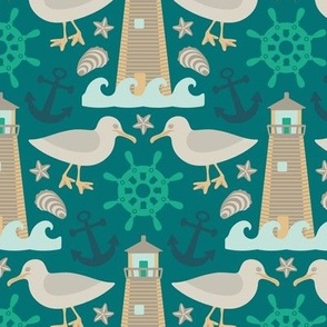 NAUTICAL-NESS Summer Coastal Ocean Sea with Lighthouse Seagull Marine Shells in Coast Kelly Green Teal Yellow Neutrals - SMALL Scale - UnBlink Studio by Jackie Tahara