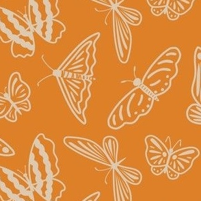 Playful butterfly lace, cream white butterfly outlines on orange
