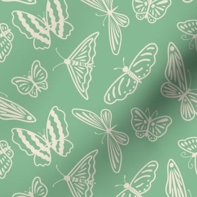 Playful butterfly lace, cream white butterfly outlines on green