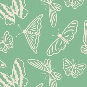 Playful butterfly lace, cream white butterfly outlines on green