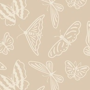 Playful butterfly lace, cream white butterfly outlines on beige