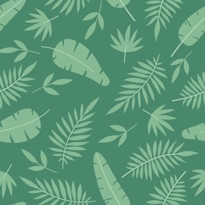 Playful tropical leaves silhouette toss, light green on green