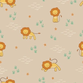 S. Cute Playful lion in African savanna, on beige, gender neutral, small scale