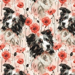 Watercolor Border Collies and Red Poppies, Adorable