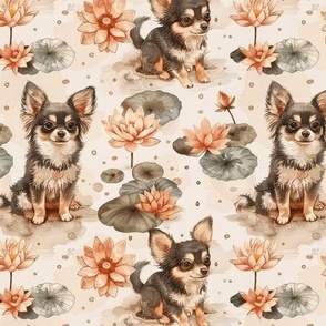 Adorable Chihuahuas and Lotus Flowers, Watercolor