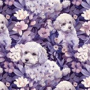 Adorable Watercolor Poodles and Azalea Flowers, Purple