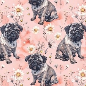 Cute Pugs and Daisies on Red Watercolor Wash Background