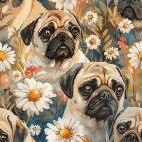Cute Watercolor Pugs and Daisies, Detailed