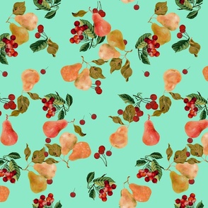 cherries and pears on celadon