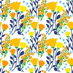 Collegiate Flowers Orange And Blues On White Mini 90’s Retro Modern Scandi Swedish Cheerful Cottagecore Coastal Granny Grandmillennial Dorm Bold Colorful Tulips Phlox Floral Repeat Pattern