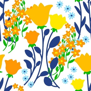 Collegiate Flowers Orange And Blues On White 90’s Retro Modern Scandi Swedish Cheerful Cottagecore Coastal Granny Grandmillennial Dorm Bold Colorful Tulips Phlox Floral Repeat Pattern