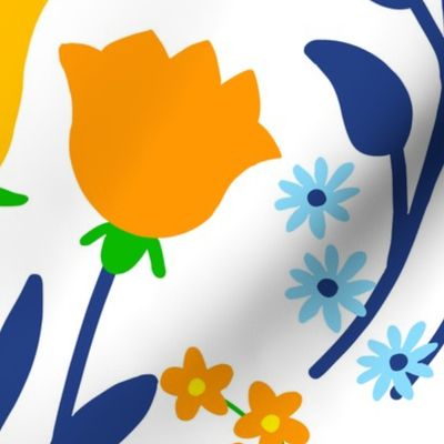 Collegiate Flowers Orange And Blues On White Big 90’s Retro Modern Scandi Swedish Cheerful Cottagecore Coastal Granny Grandmillennial Dorm Bold Colorful Tulips Phlox Floral Repeat Pattern