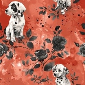 Cute Watercolor Dalmatian Puppies and Black Roses on Red Background