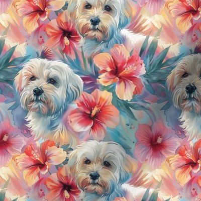 Cute Watercolor Maltese and Tropical Hibiscus Flowers, Bright