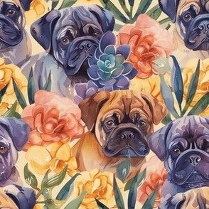 Cute Mastiff Dogs and Succulent Garden, Bright Happy Watercolor