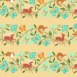  1886 Flora and Fauna Stripe in Turquoise ad Browns on Sandy Beige