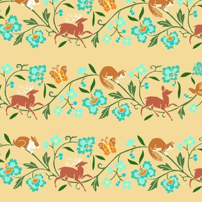  1886 Flora and Fauna Stripe in Turquoise and Browns on Sandy Beige