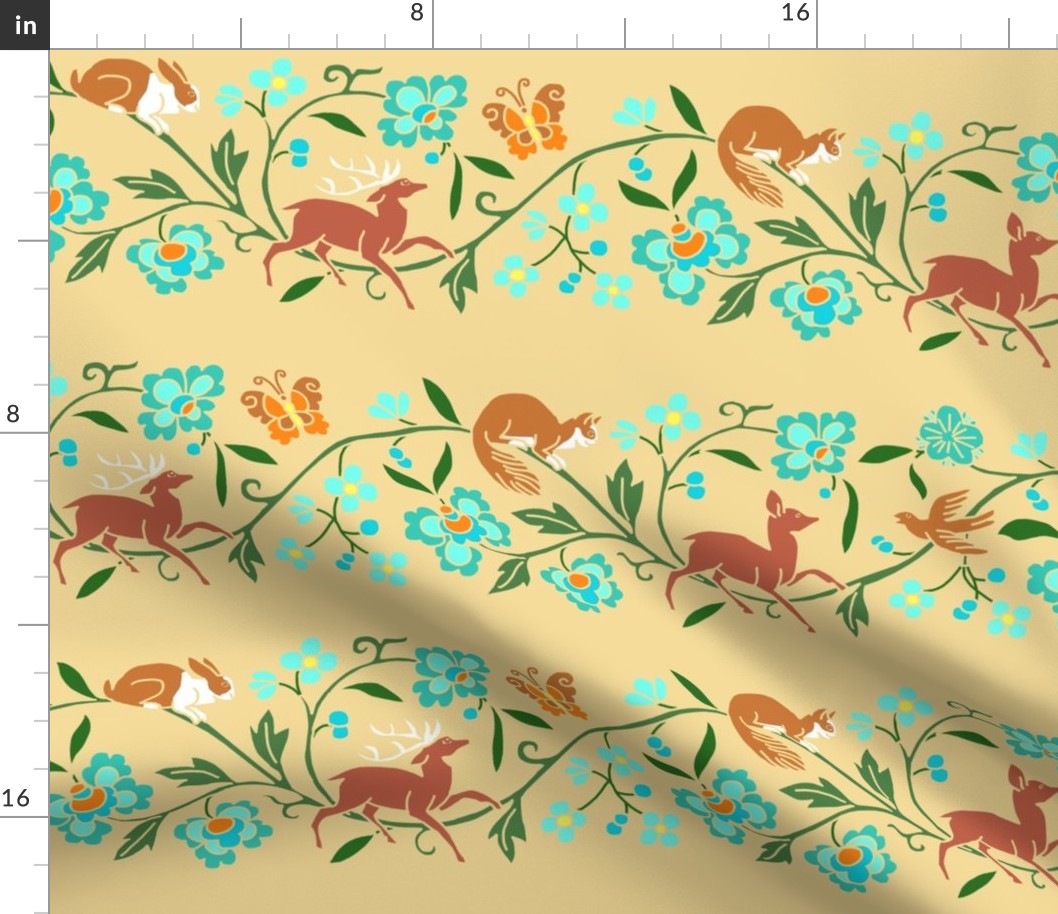  1886 Flora and Fauna Stripe in Turquoise and Browns on Sandy Beige