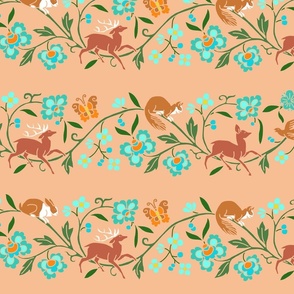 1886 Flora and Fauna Stripe in Turquoise ad Browns on Light Terra Cotta