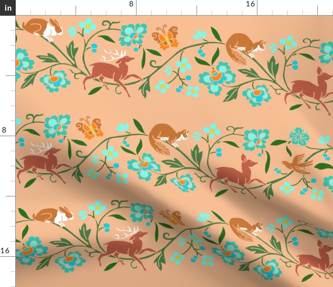 1886 Flora and Fauna Stripe in Turquoise ad Browns on Light Terra Cotta