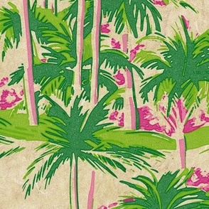 Southern Coastal Palm Tree Wallpaper - Pink Shrubs on Natural Fiber Paper