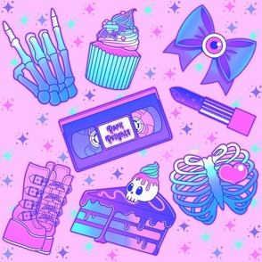Pastel Goth Skull Cakes, Bat Cupcakes, VHS Tapes, Ribcages, Lipsticks, Skeleton Hands, Eyeball Bows, and Platform Boots
