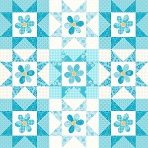 6" Aqua Sawtooth Cheater Quilt with Mock Applique Wild Blossoms