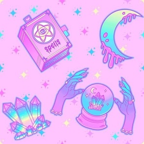 Pastel Witch Magic, Spellbooks, Dripping Moons, Crystal Balls, and Crystals