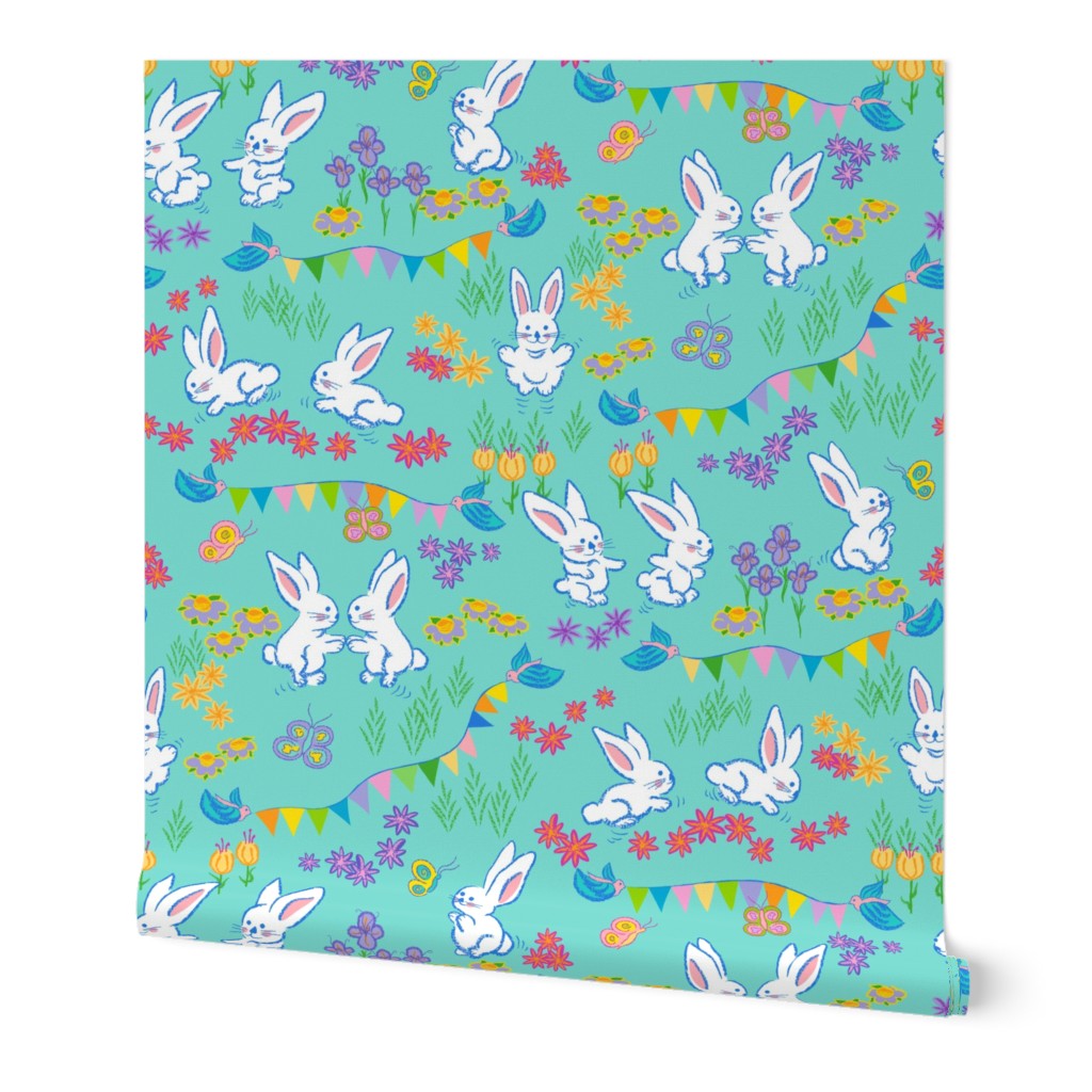 Bunny garden party in light turquoise. Jumbo scale