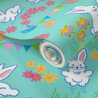Bunny garden party in light turquoise. Jumbo scale