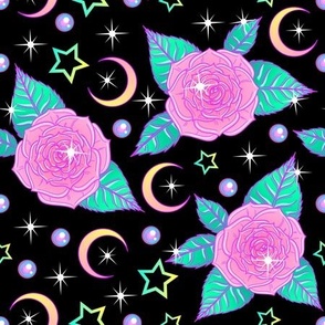Kawaii Pastel Pink Roses, Crescent Moons, Stars, Pearls, and Sparkles - Black Colorway