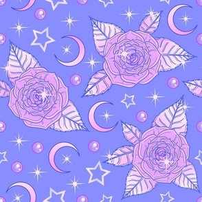 Kawaii Pastel Pink Roses, Crescent Moons, Stars, Pearls, and Sparkles - Lavender Colorway