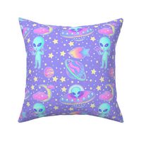 Pastel Kawaii Aliens, UFOs, Shooting Stars, Planets, Moons, and Clouds - Lavender Colorway