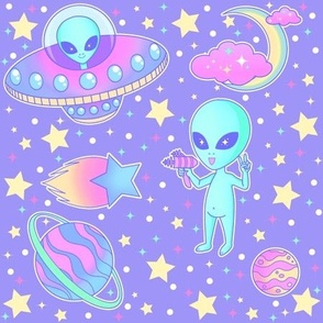 Pastel Kawaii Aliens, UFOs, Shooting Stars, Planets, Moons, and Clouds - Lavender Colorway
