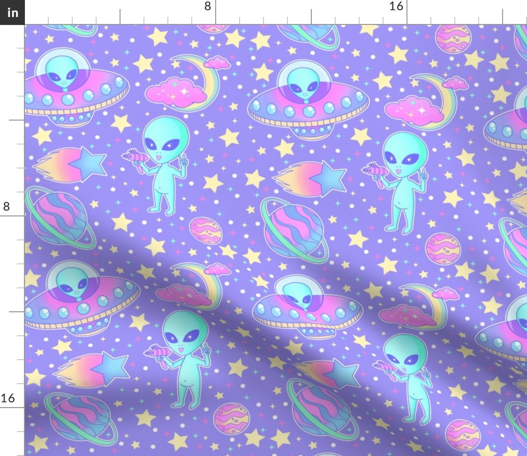 Pastel Kawaii Aliens, UFOs, Shooting Stars, Planets, Moons, and Clouds - Lavender Colorway